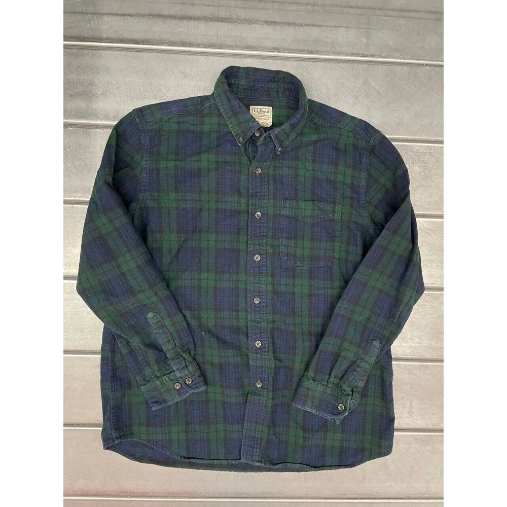 LL Bean Button Up Shirt Mens Large Green‎ Plaid Traditional Fit Casual